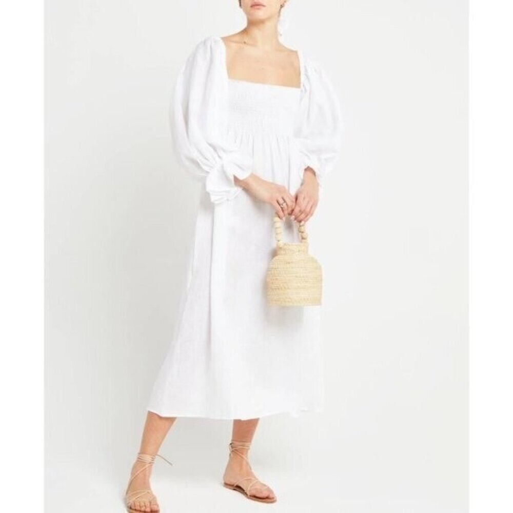 o.p.t. Athena Smocked Off The Shoulder Linen Midi Dress White